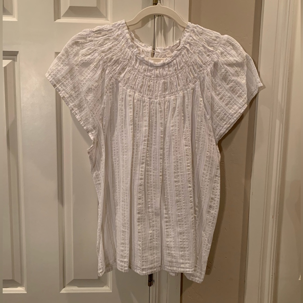 LOFT White Cap Sleeve Smocked Blouse